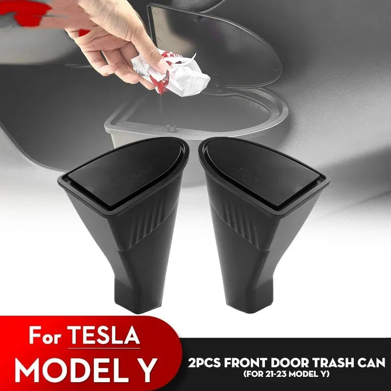 Two black ABS plastic storage bins designed for Tesla Model Y front door pockets