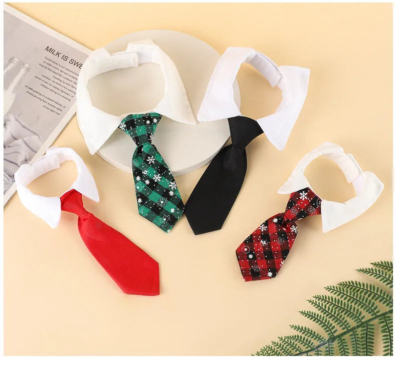 Christmas dog necktie with red plaid snowflake pattern on a small dog for festive wear