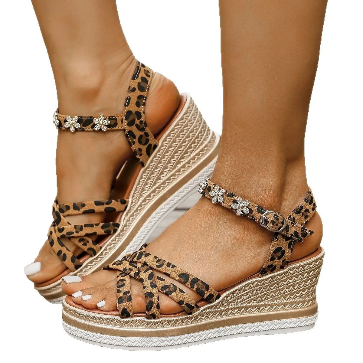 Light brown suede Roman style platform sandals with ankle buckle fastening