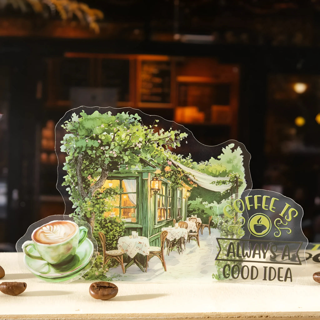 Encounter Cafe Series hand account sticker package with retro cafe designs, 25 or 75 matte paper stickers