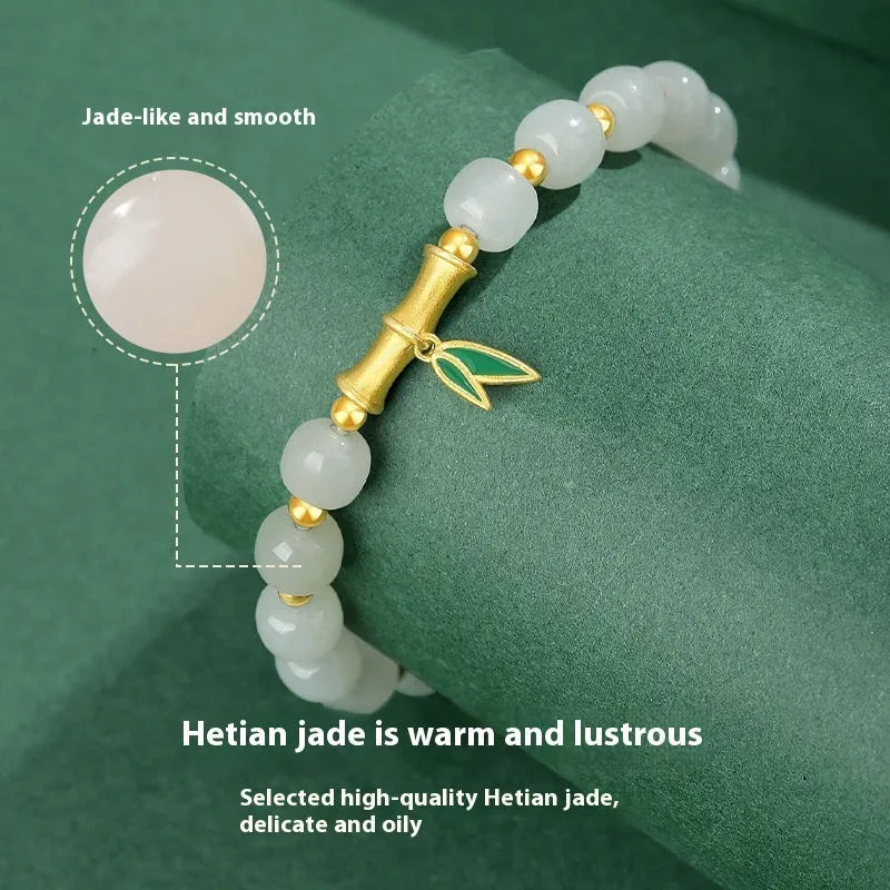 6mm Hetian jade bracelet with bamboo leaf design and 925 silver components