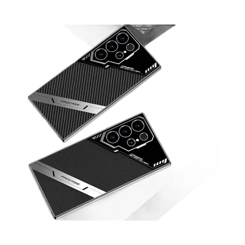 Samsung S24 Ultra and S23 Ultra phone case in electroplated TPU with leather-style finish, shown in Carbon Fibre Pattern.