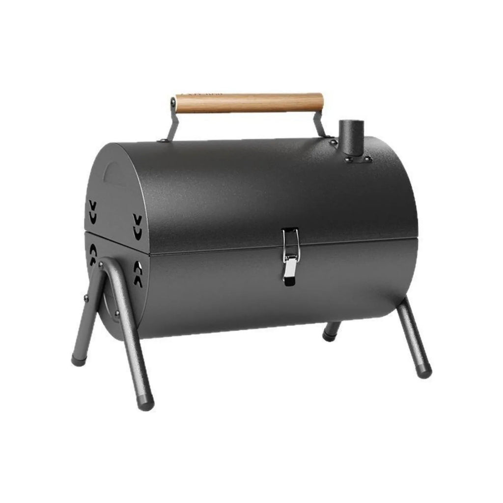 White round portable folding charcoal barbecue grill with chimney oven net for outdoor cooking.