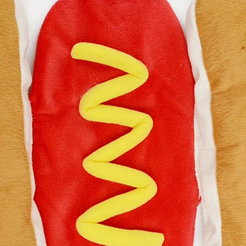 Red and yellow hot dog costume for small dog on white background