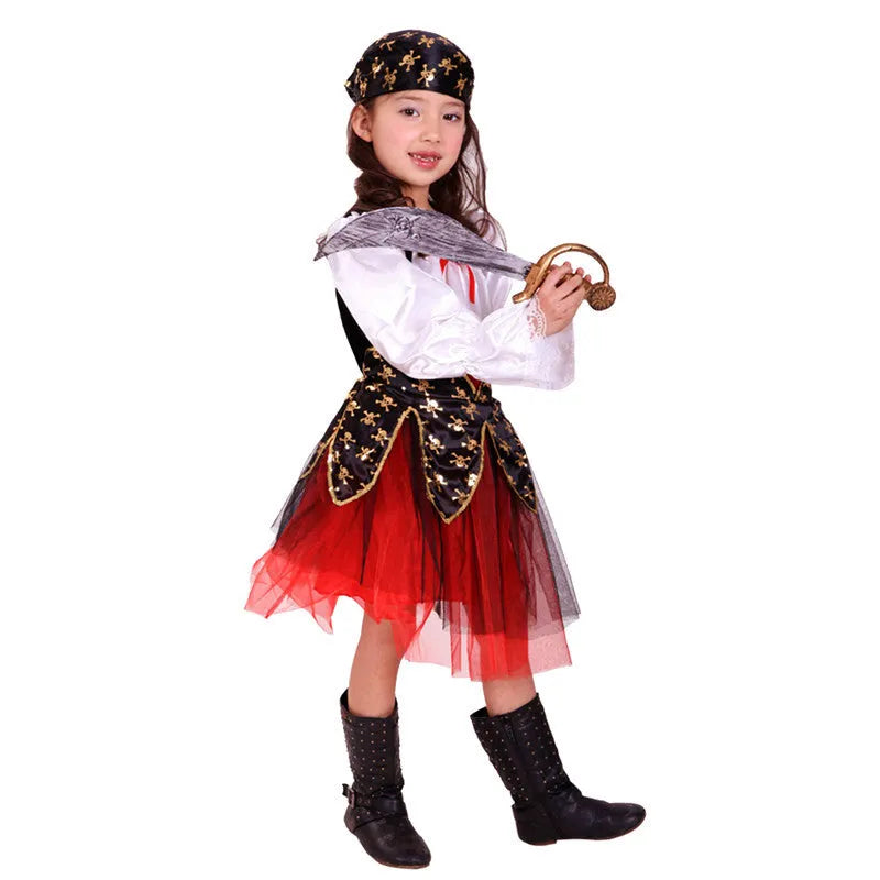 Children's pirate costume for girls with plaid pattern and spandex fabric in three sizes