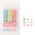 Set of nine colourful retro-style gel pens with 0.5mm needle tips arranged in a pack.