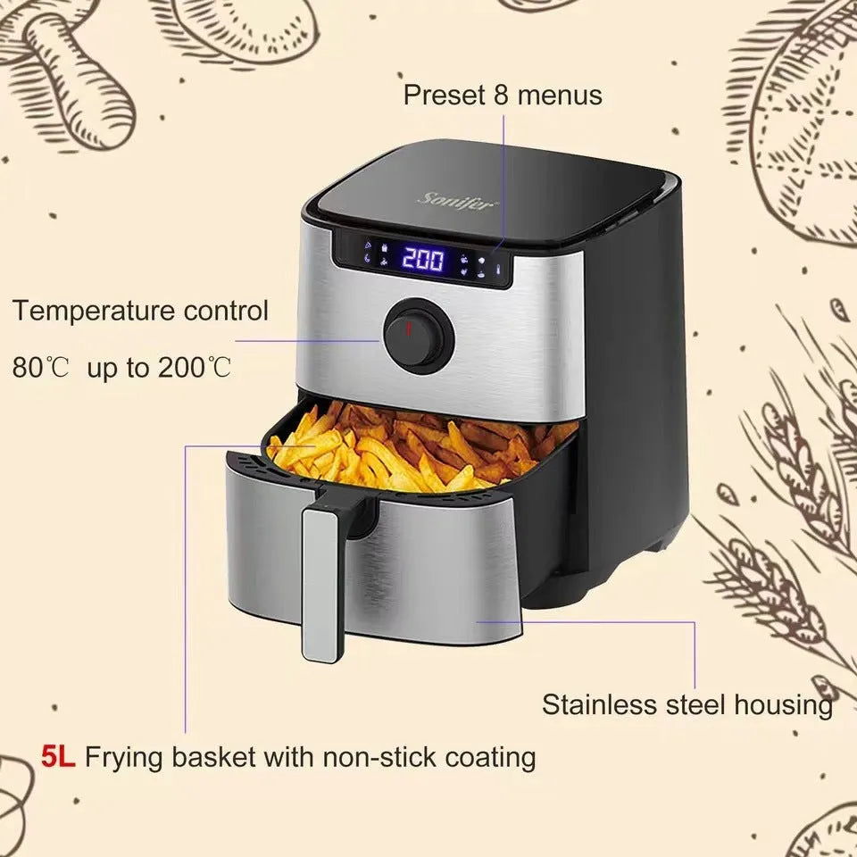 Black plastic air fryer with touch screen control panel and 5L capacity