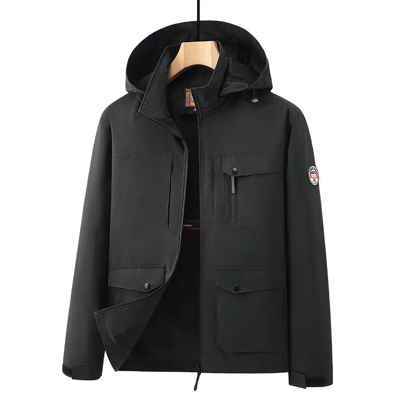 Men's outdoor plus size jacket in chemical fibre blend with pleated patch pockets in gray colour