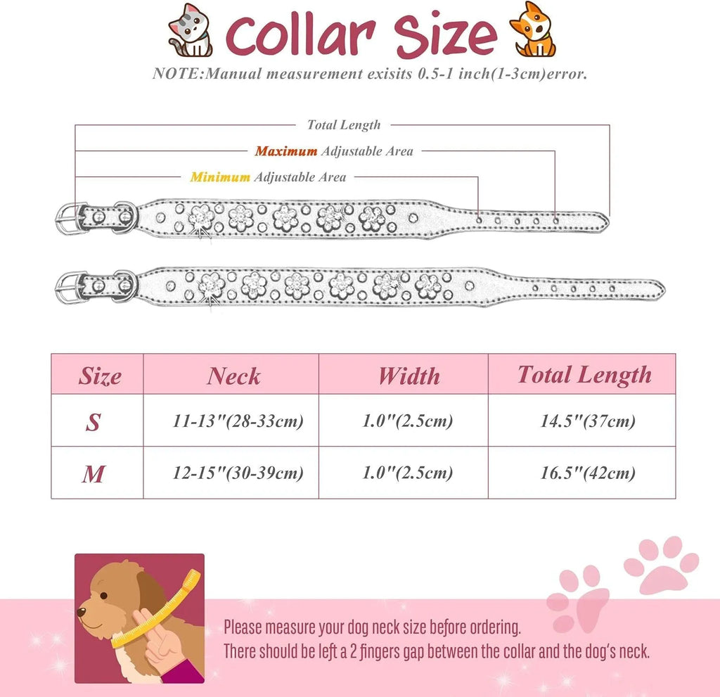 Black PU leather dog collar with sparkling rhinestone flower studs and a metal D-ring.