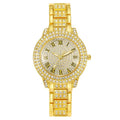 Women's starry rhinestone quartz analogue watch with gold Roman numeral dial and alloy bracelet