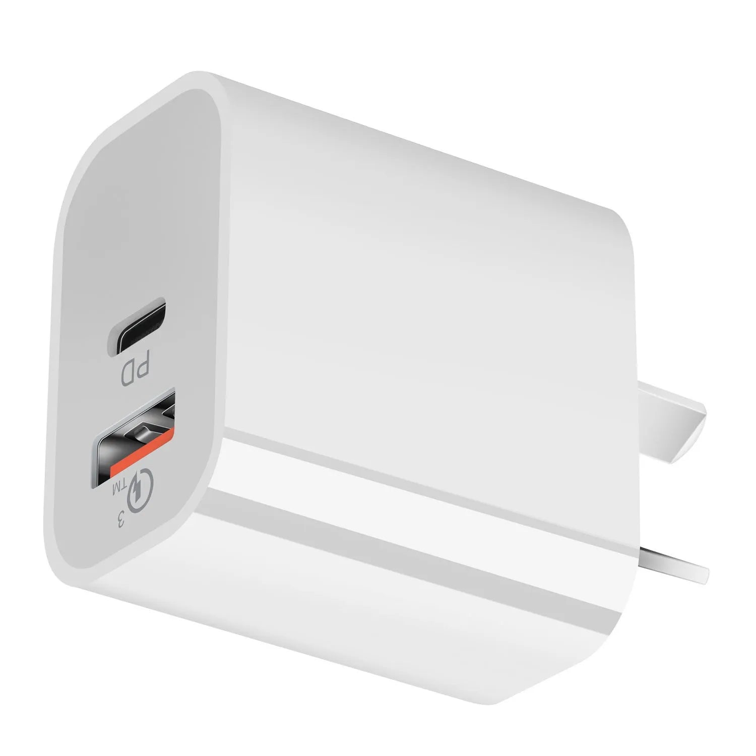 White Australian Standard dual port USB charger with USB-A and USB-C interfaces