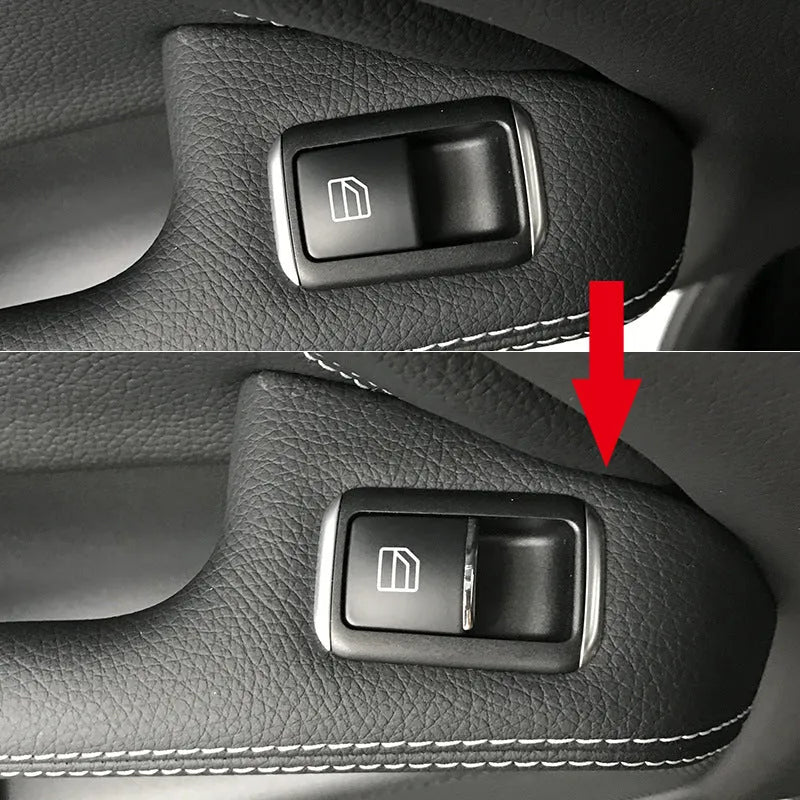 Black ABS plastic decorative sticker for car window lift button on door panel.