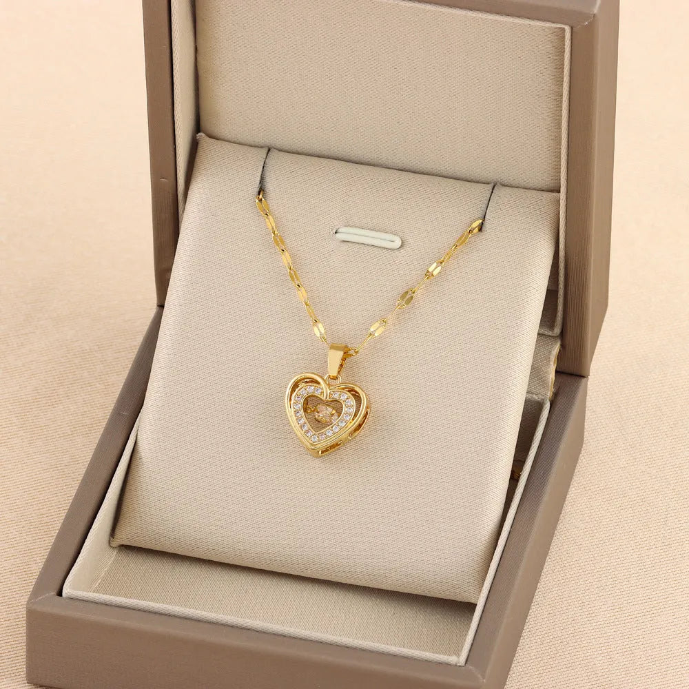 Double-layer love necklace with heart-shaped rhinestone pendant, titanium steel chain, electroplated 8018 Smart Love colour, adjustable 40+5cm length