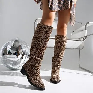 Brown women's ankle boots with leopard print, square toe, and a chunky block heel.
