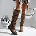Brown women's ankle boots with leopard print, square toe, and a chunky block heel.