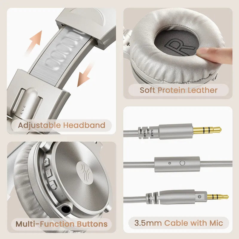Wireless Bluetooth over-ear headset with microphone, 50mm driver, 1.2m cable, in black or champagne gold