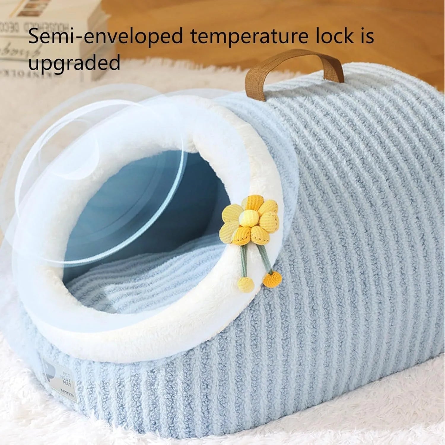 Blue cat cave bed with cushion, suitable for indoor cats and small pets like chihuahuas