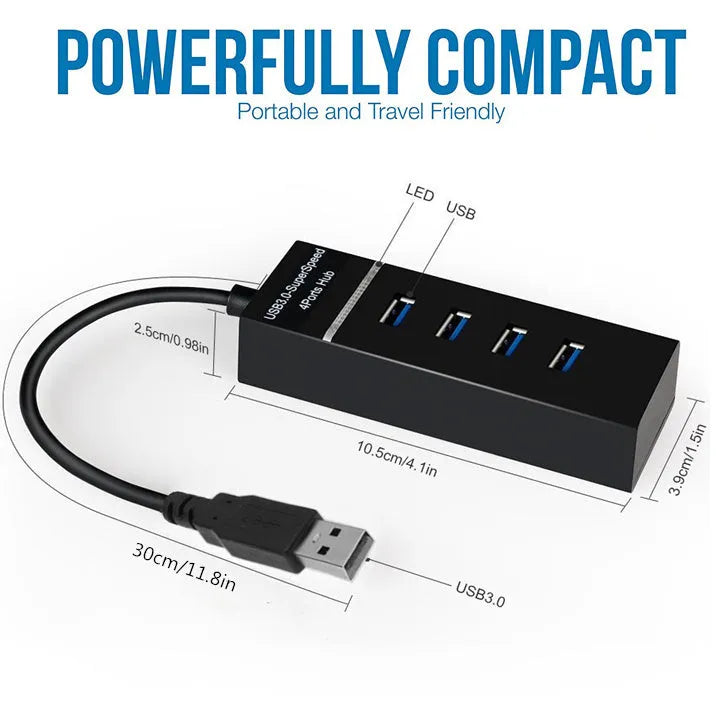 Black 4 port USB 3.0 hub splitter with 29cm cable and four LED indicators