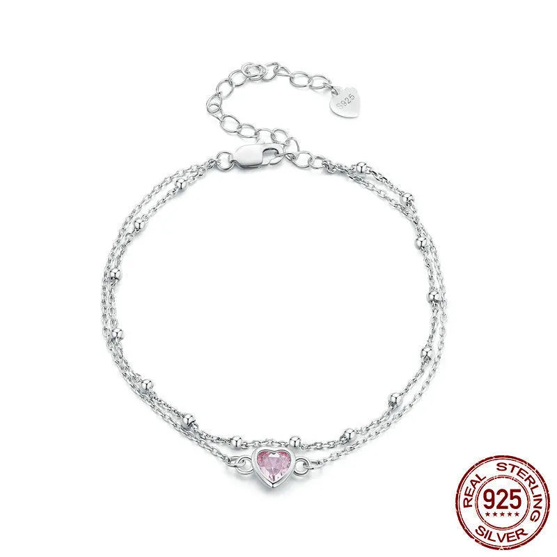 Women's sweet style 925 sterling silver bracelet with heart-shaped pendant on adjustable chain