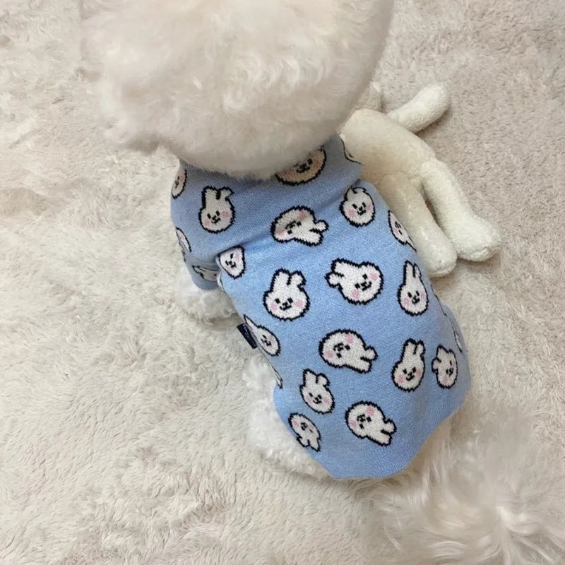 Small dog wearing a blue winter knitted sweater with charming patterns, soft polyacrylic material, side view