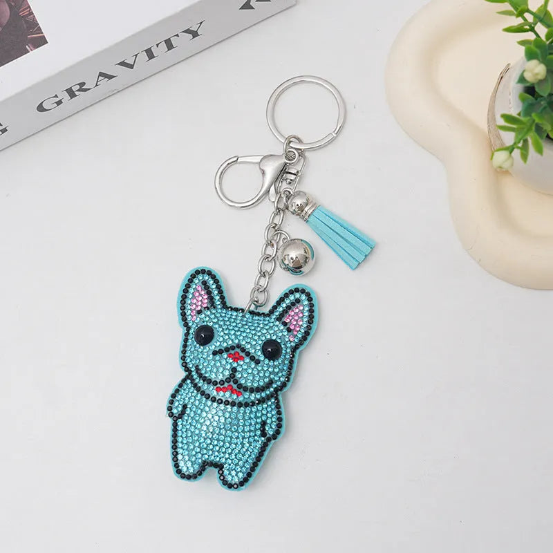 French dog cartoon rhinestone keychain with diamond tassel in alloy, colours white gray caramel lake blue