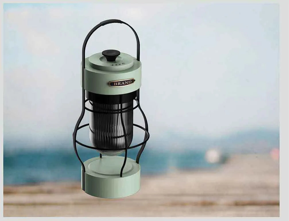 Black retro USB rechargeable camping lantern with iron shell and LED ambient light for outdoor tent use