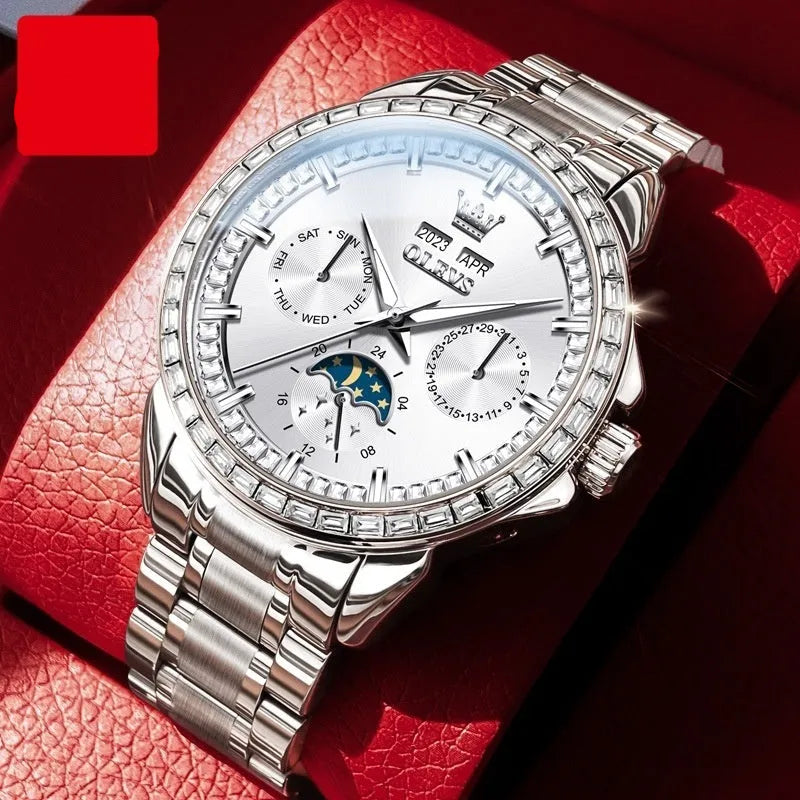 Men's diamond-embedded automatic watch with stainless steel bracelet and transparent case back.