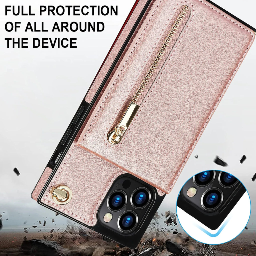 Black leather and TPU mobile phone case shown on a Samsung Galaxy S21 smartphone.