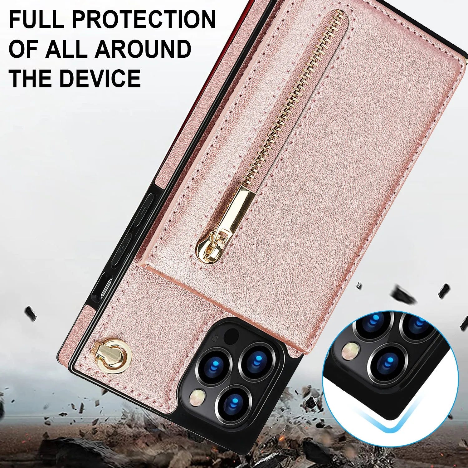 Black leather and TPU mobile phone case shown on a Samsung Galaxy S21 smartphone.