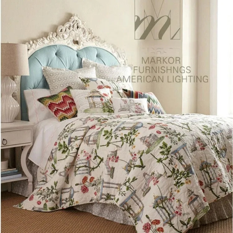 American country style ceramic table lamp with a white fabric shade, shown on a wooden table.