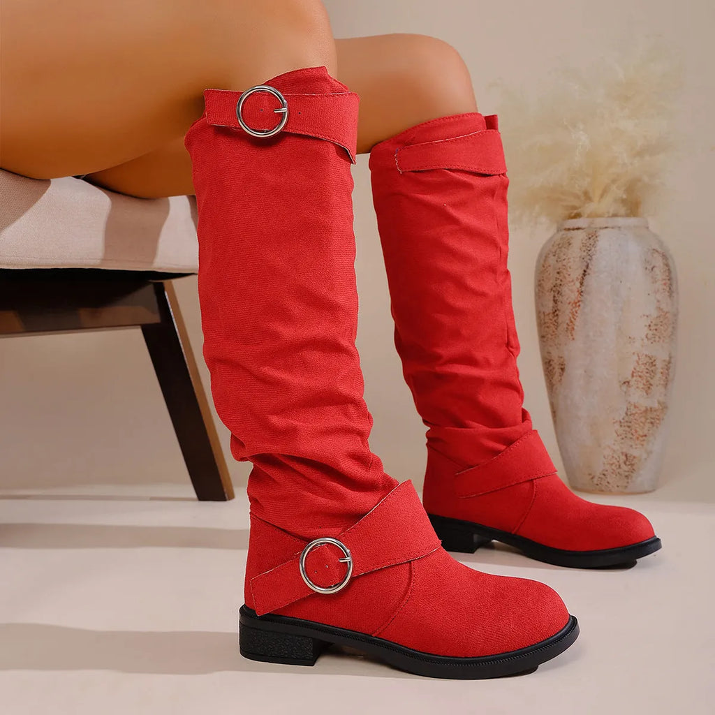 Women's pleated flat-bottom western cowboy boots with belt buckle, suede upper, mid block heel, slip-on round toe, black colour