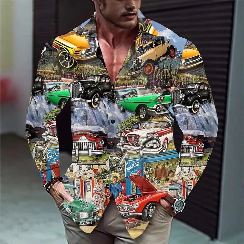 Men's long sleeve Hawaiian shirt with floral pattern in elastic polyester fabric