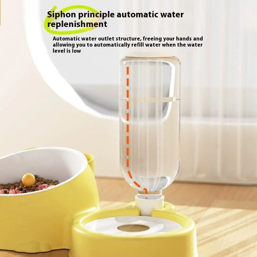 Double bowl automatic pet drinking basin in stainless steel and ceramic on a floor.