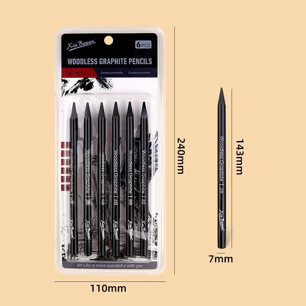Set of six graphite sketching pencils with grades labelled HB, 2B, 4B, 6B, 8B, and EE.