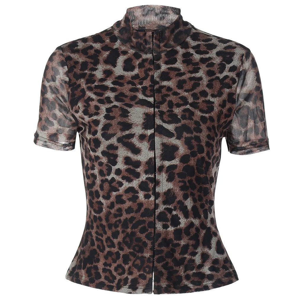 Women's leopard print slim fit short sleeve polyester pullover top in sizes S M L