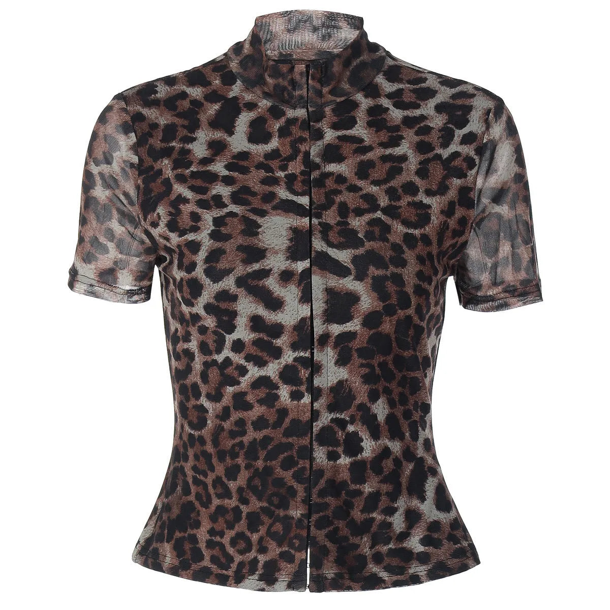 Women's leopard print slim fit short sleeve polyester pullover top in sizes S M L