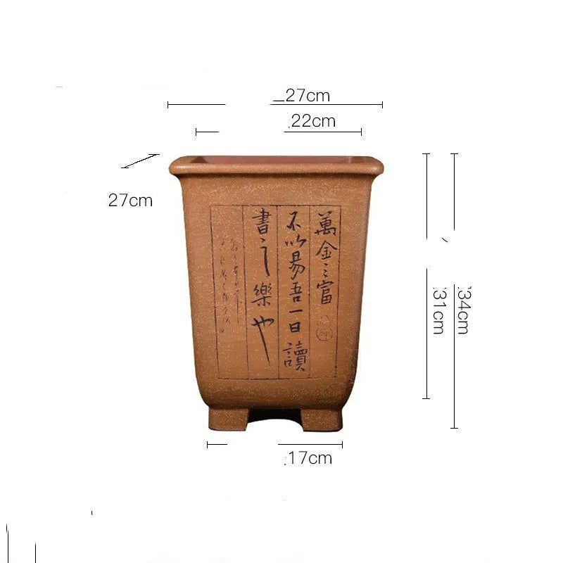 Square purple sand ceramic flower pot with hand-carved detailing for clivia and orchids