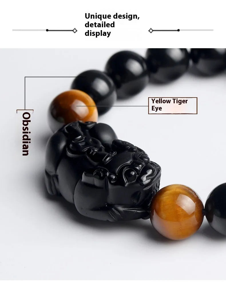 Black Mexico Gold Sheen Obsidian crystal bracelet with Pi Xiu charm, showing different bead size options.
