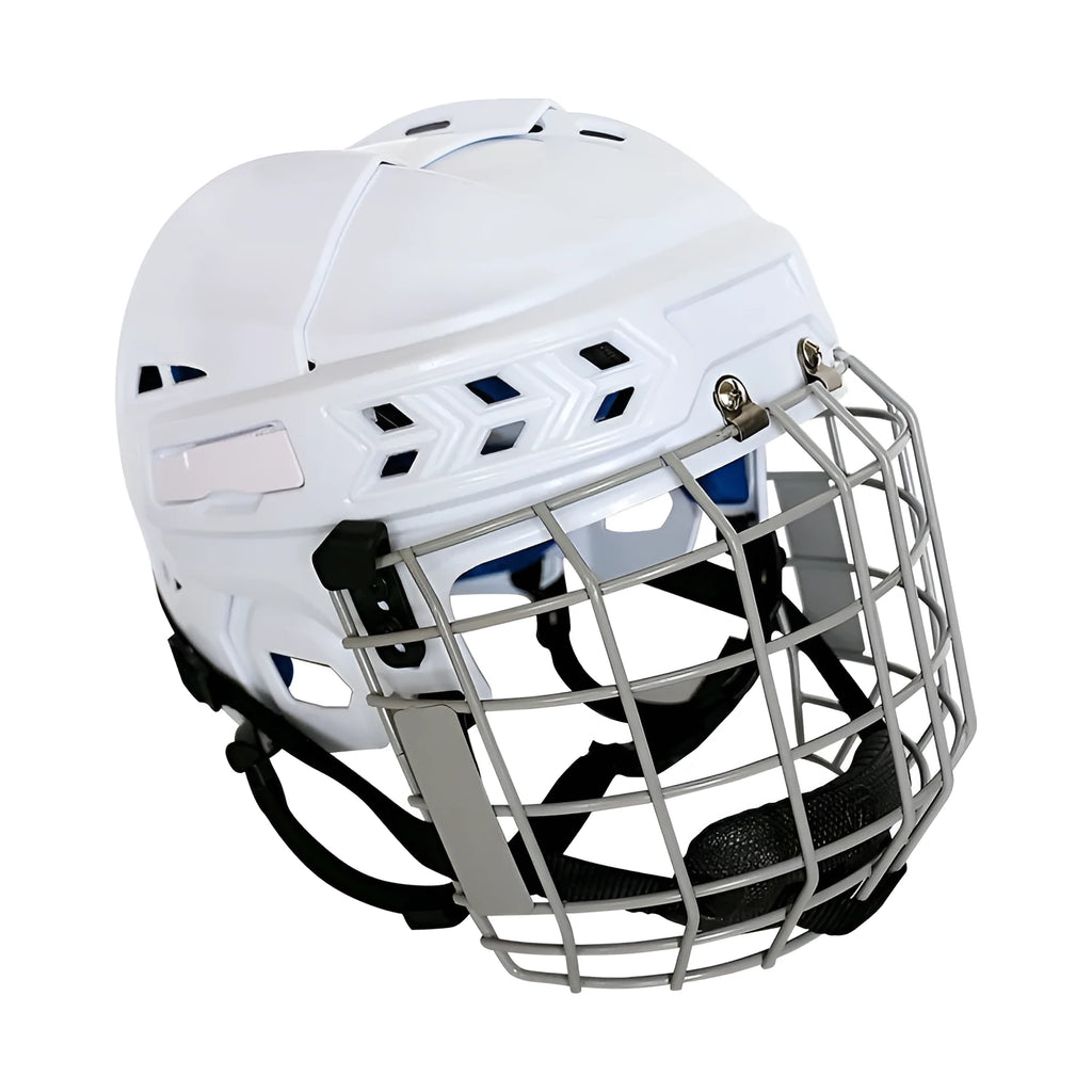 Ice hockey helmet with a carbon steel face mask and cushioned lining, shown in available sizes.