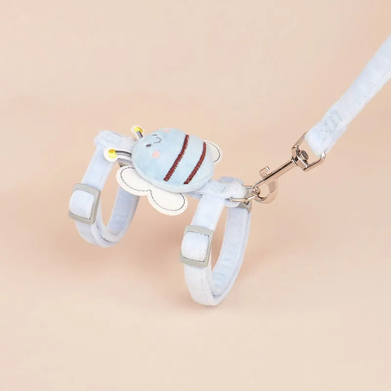 Bee shaped cat harness and leash set in blue colour showing adjustable straps and detachable hand rope