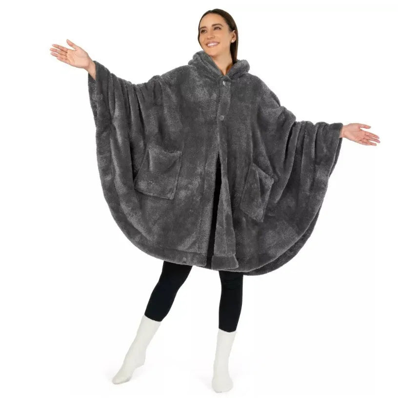 Thick hooded polyester bathrobe in black, shown in a long sleeve cardigan style.