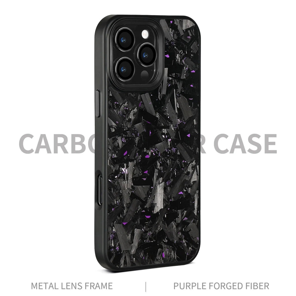 Black metal-framed carbon fibre iPhone case with forged pattern and magnetic feature.