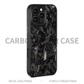 Black metal-framed carbon fibre iPhone case with forged pattern and magnetic feature.
