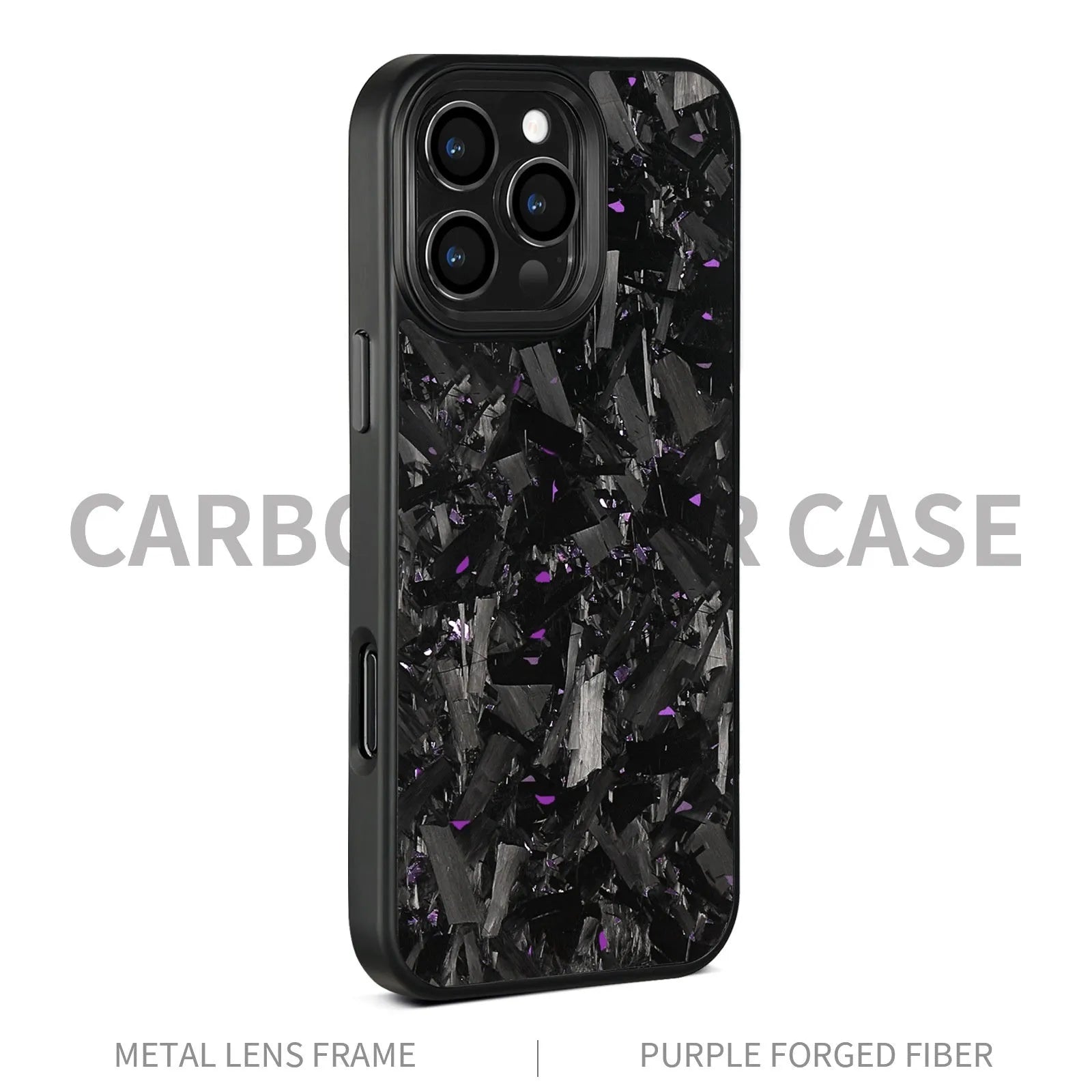 Black metal-framed carbon fibre iPhone case with forged pattern and magnetic feature.