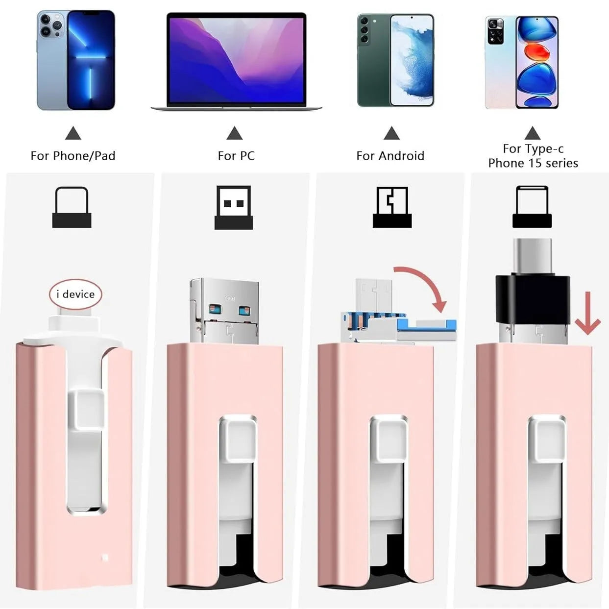 Multifunctional 2T USB thumb drive with Lightning, USB 3.0, OTG interfaces metal shell silver colour