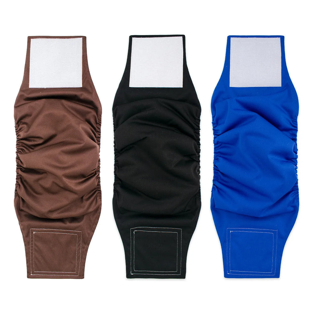 Male dog diaper in polyester, wrap style for male dogs, sizes S-XL, multiple colours.