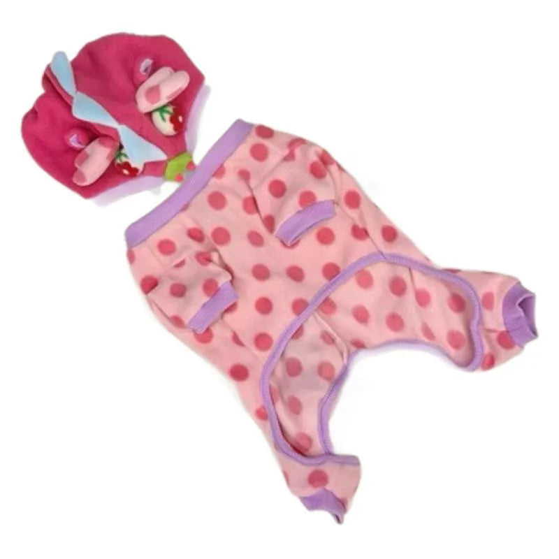 Pink polyester winter coat for small dog with optional hat on a French bulldog model