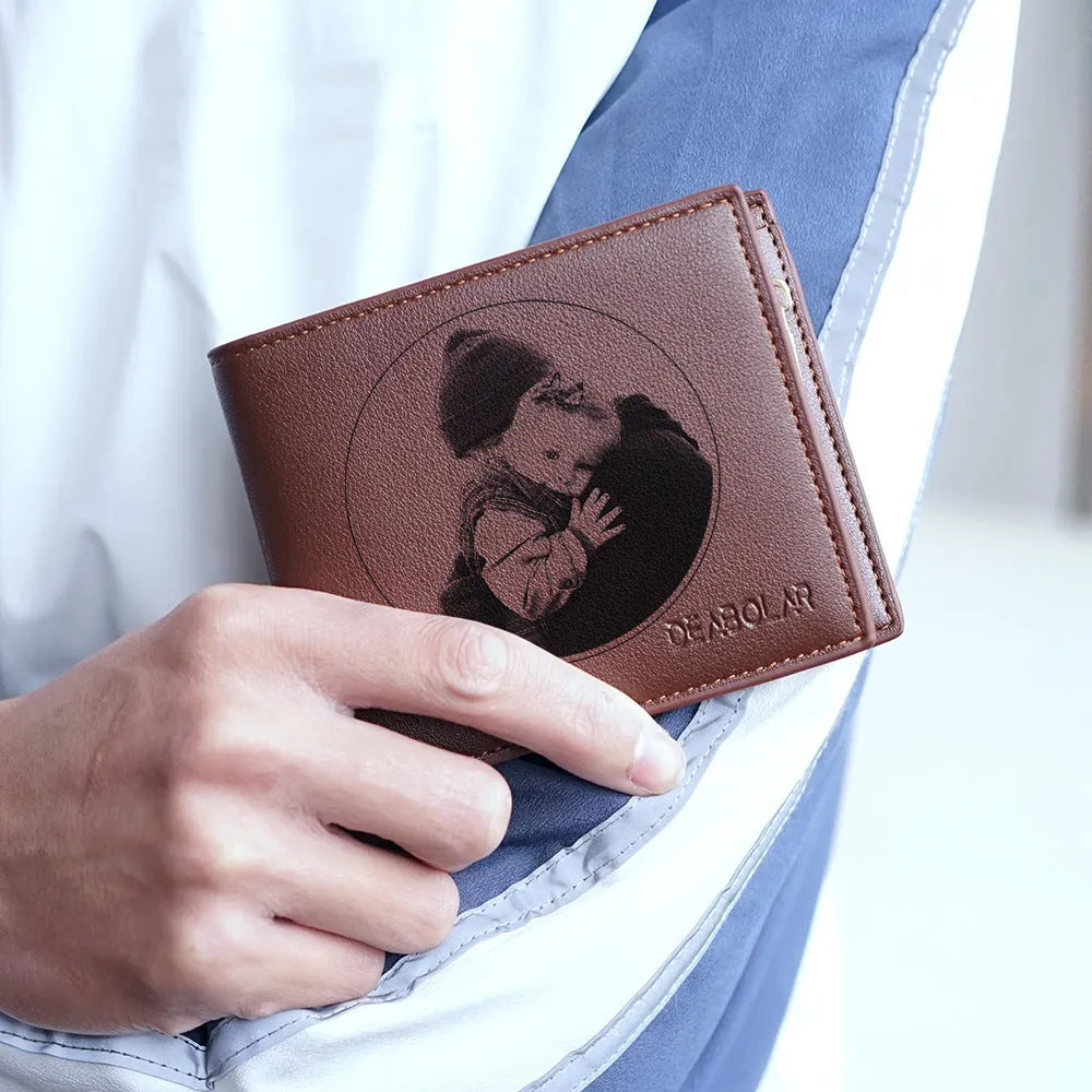 Men's brown leather wallet with zipper closure showing seven card slots inside