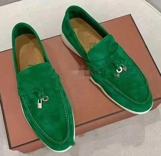 European style gommino slip-on loafers with round toe, high-top design, and decorative sewing lines