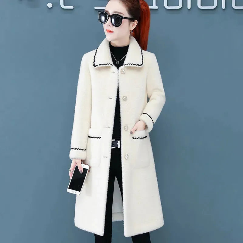 Women's mid-length faux mink fleece coat in blue or white, straight cut, sizes M to XXXXL, polyester
